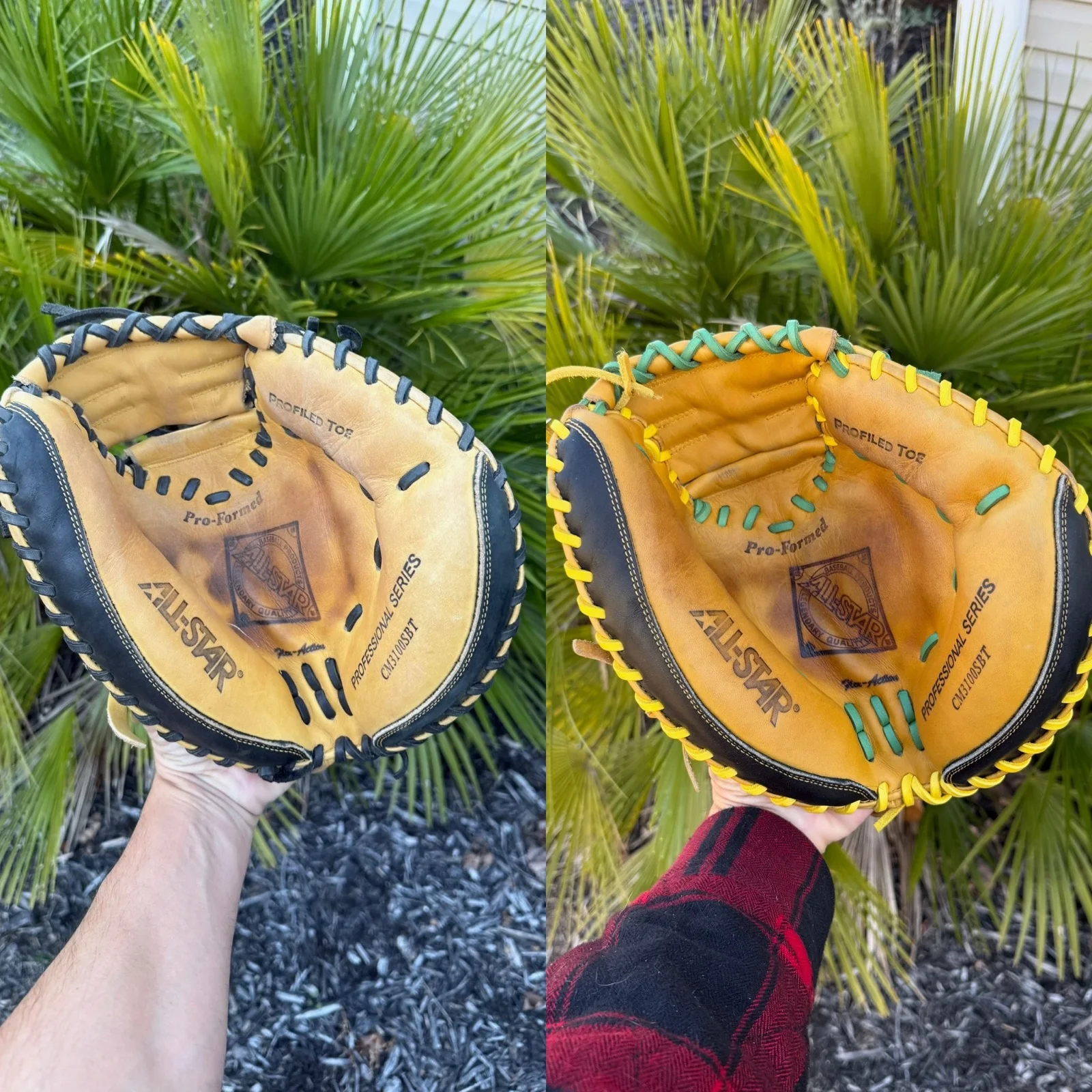 All-Star catcher's mitt relaced with green and yellow lace