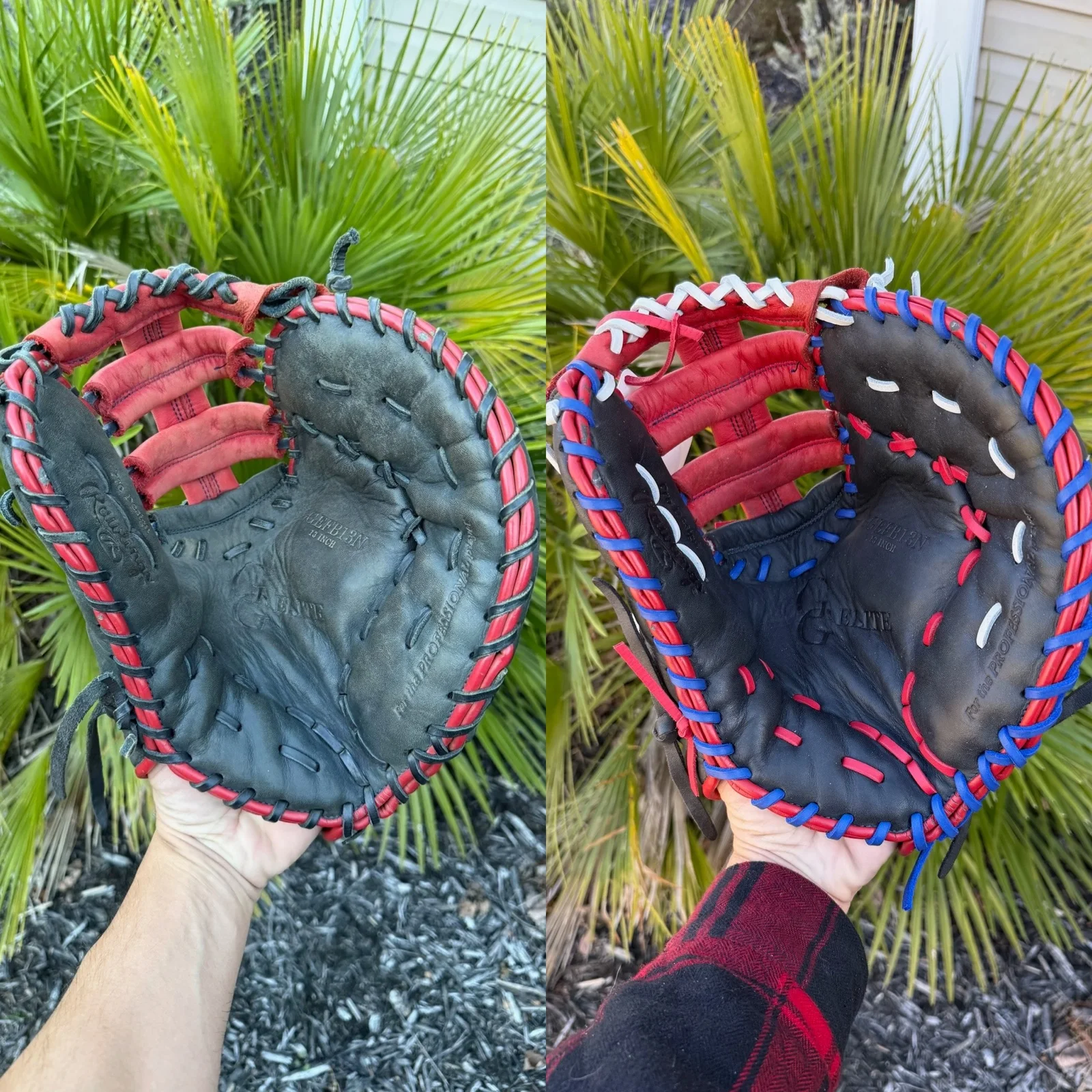 Rawlings first base mitt with red, white, and blue relace and conditioning