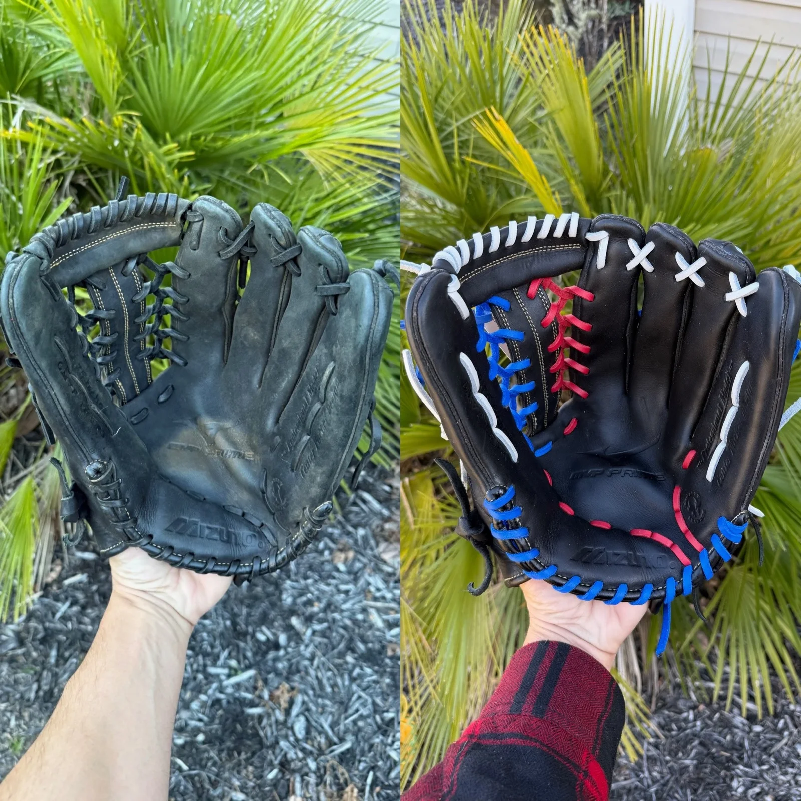 Mizuno MVP Prime glove relaced and conditioned with red, white, and blue lace