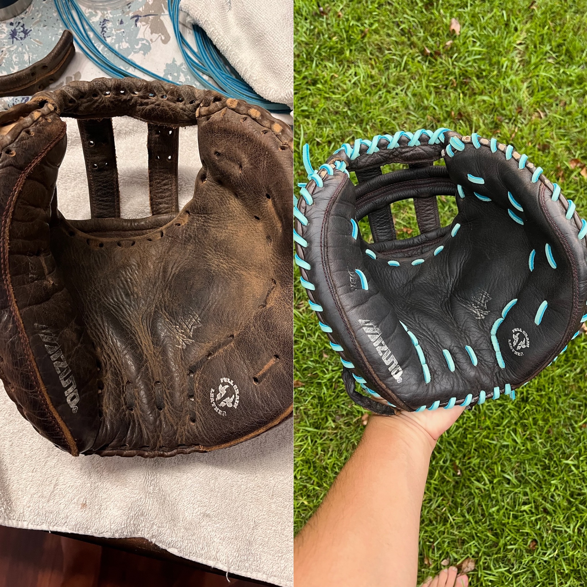 Mizuno softball catchers mitt full clean and condition with carolina blue lace