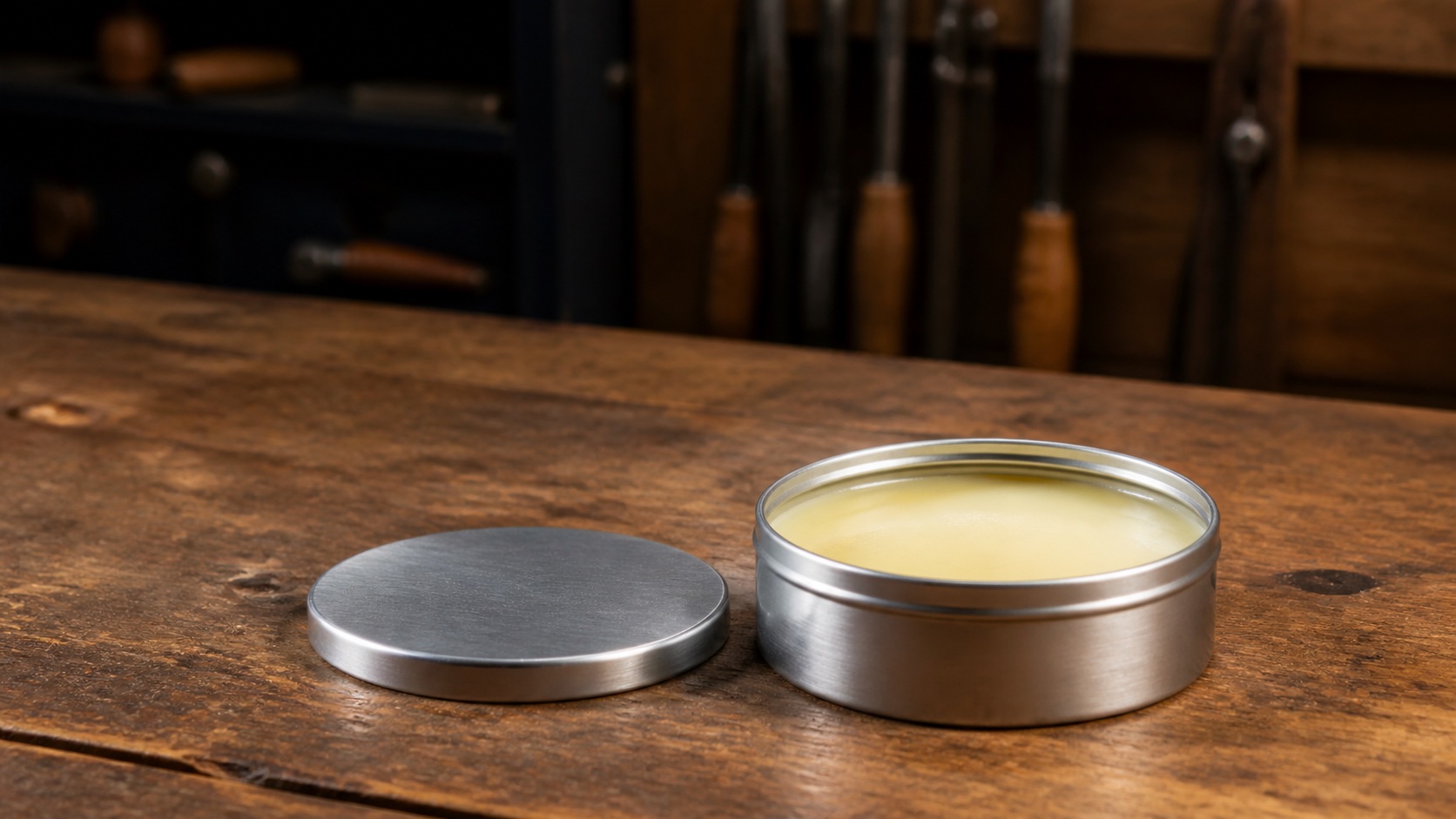 Open unbranded metal tin of leather conditioner on a wooden workbench