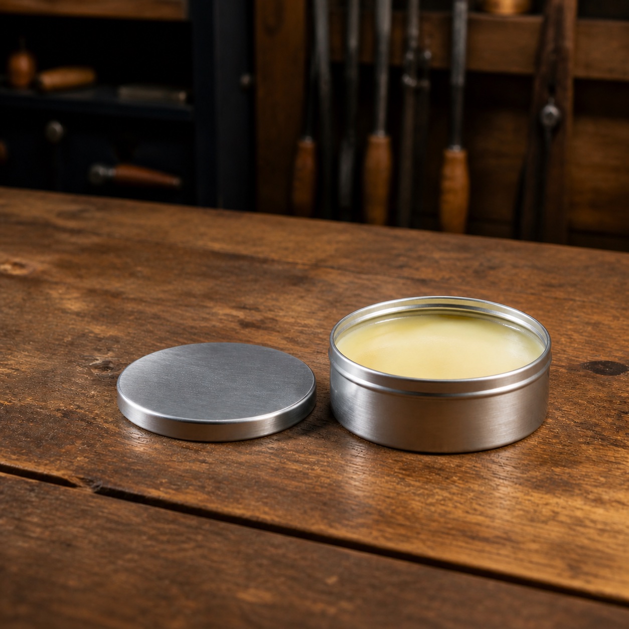 Open unbranded metal tin of leather conditioner on a wooden workbench