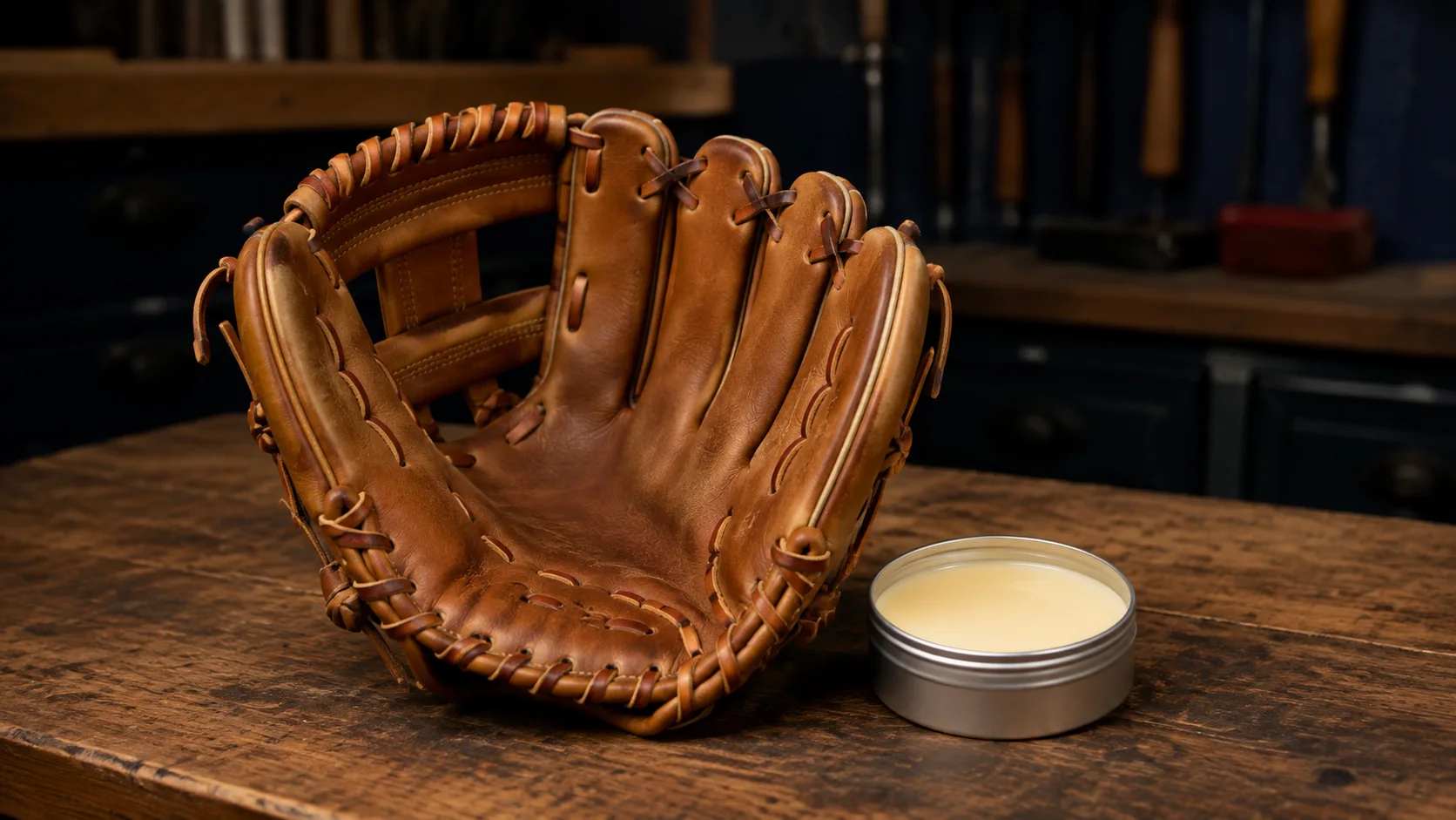 Baseball glove beside an open tin of leather conditioner on the Murph's Mitts workbench