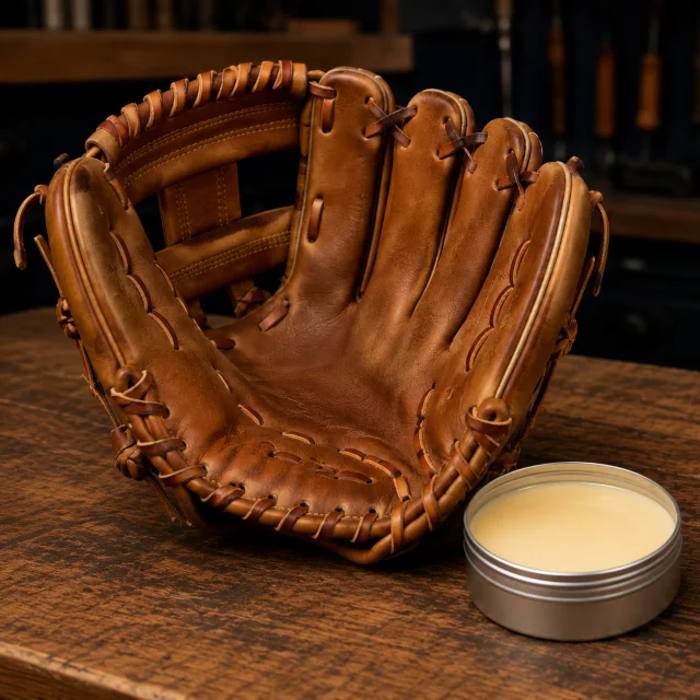 Baseball glove beside an open tin of leather conditioner