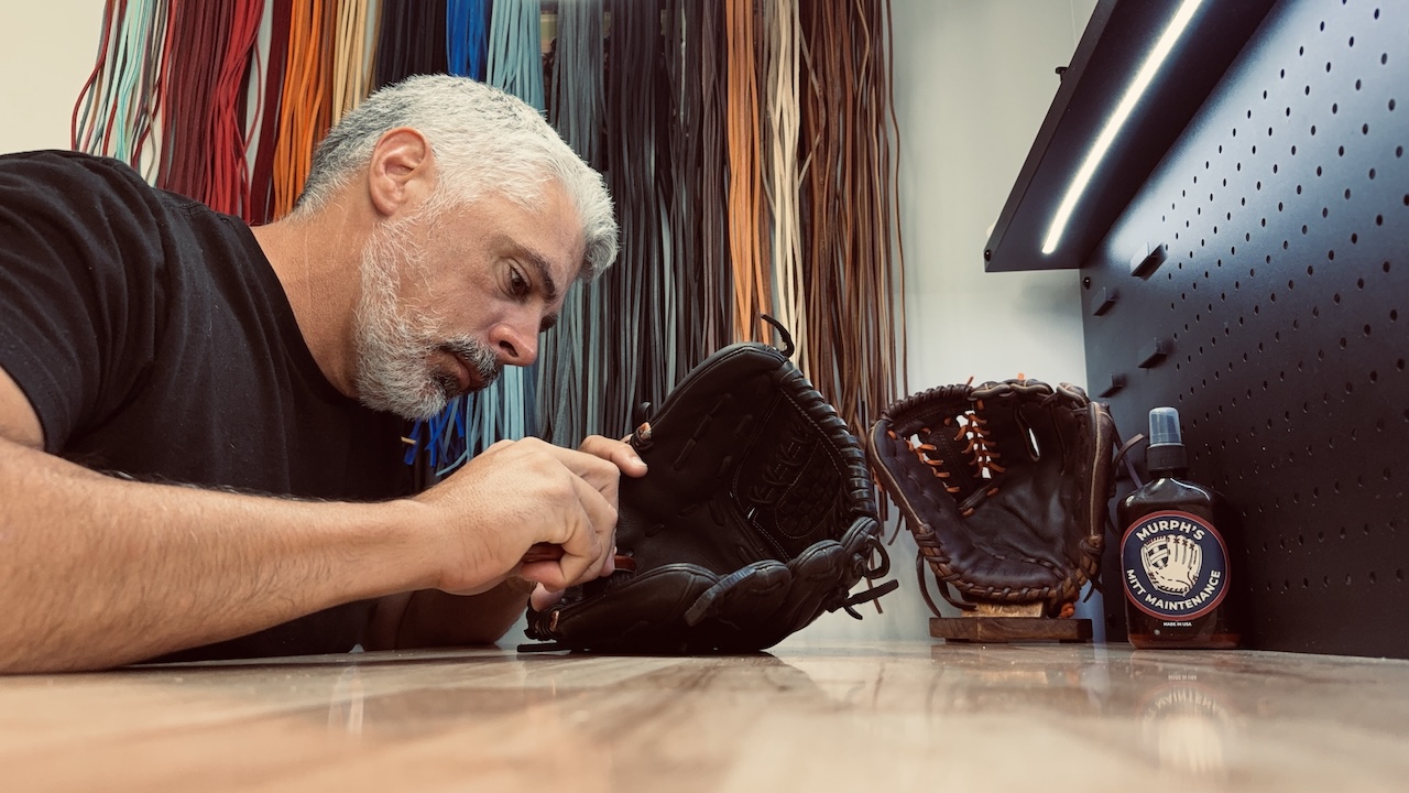 Baseball glove on Murph's Mitt Maintenance workbench